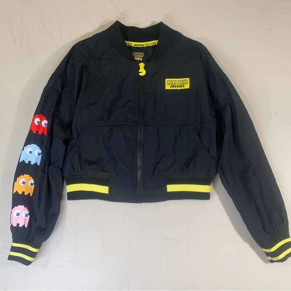 Justice Black and‎ Yellow Nylon Jacket with Pac-Man Graphic Embroidered